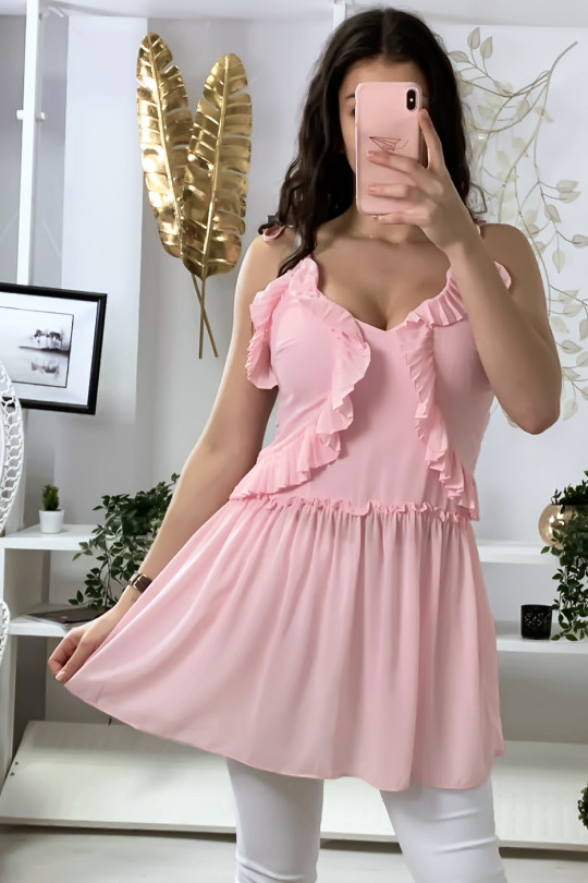 Pink crepe tunic with suspender and frills - 1