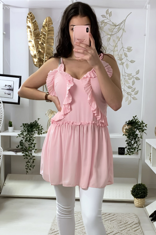 Pink crepe tunic with suspender and frills - 8