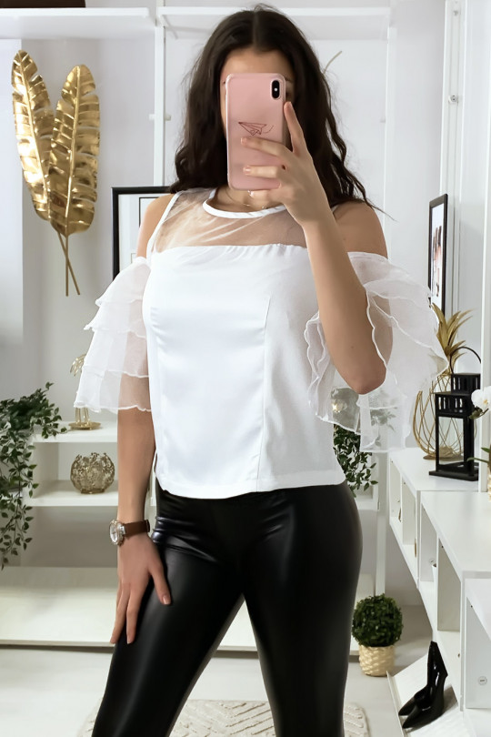 White satin top with ruffle sleeves and tulle bust - 3