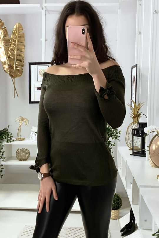 Khaki boat neck top with elastic and knot on the sleeves - 1