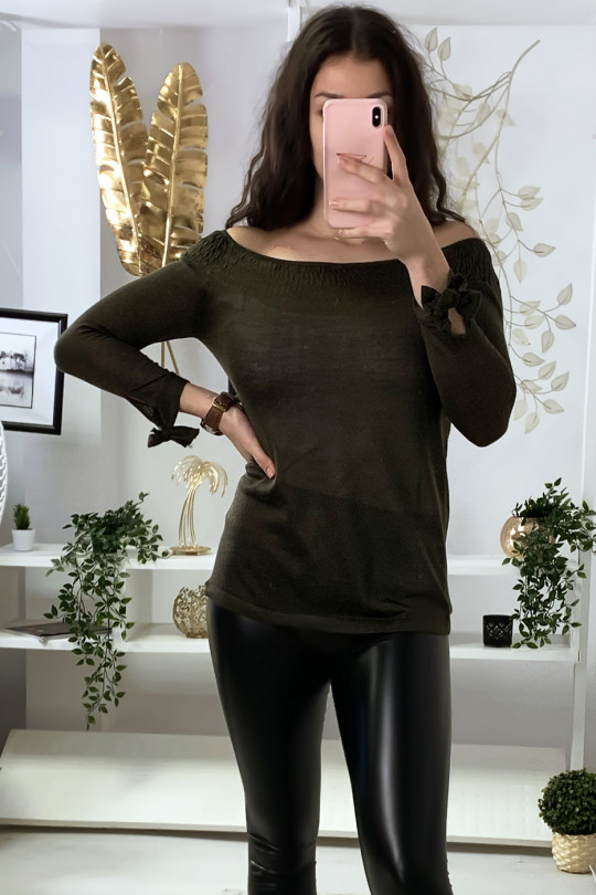 Khaki boat neck top with elastic and knot on the sleeves - 2