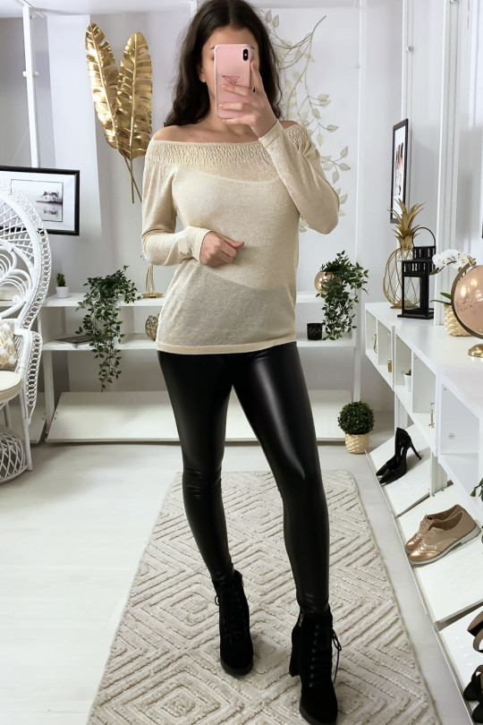 Beige boat neck top with elastic and glitter material - 2