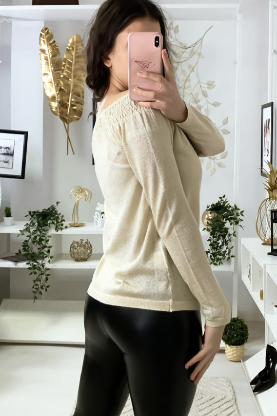 Beige boat neck top with elastic and glitter material - 5