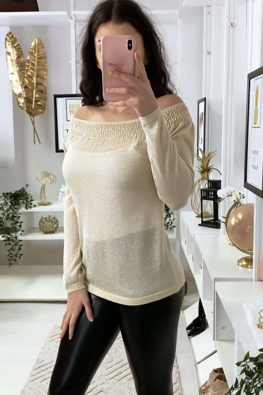 Beige boat neck top with elastic and glitter material - 3