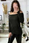 Kaki boothals top met elastiek en glitter materiaal