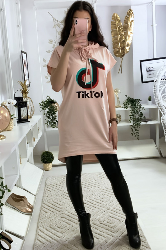 Pink hooded tunic with tik tok writing and hood - 2
