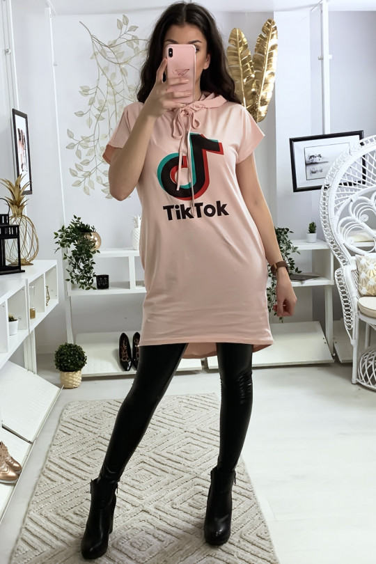 Pink hooded tunic with tik tok writing and hood - 1