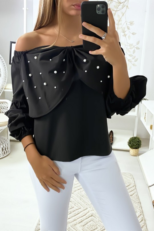 Zwarte blouse met vlinders versierd met strass steentjes aan de voorzijde - 2