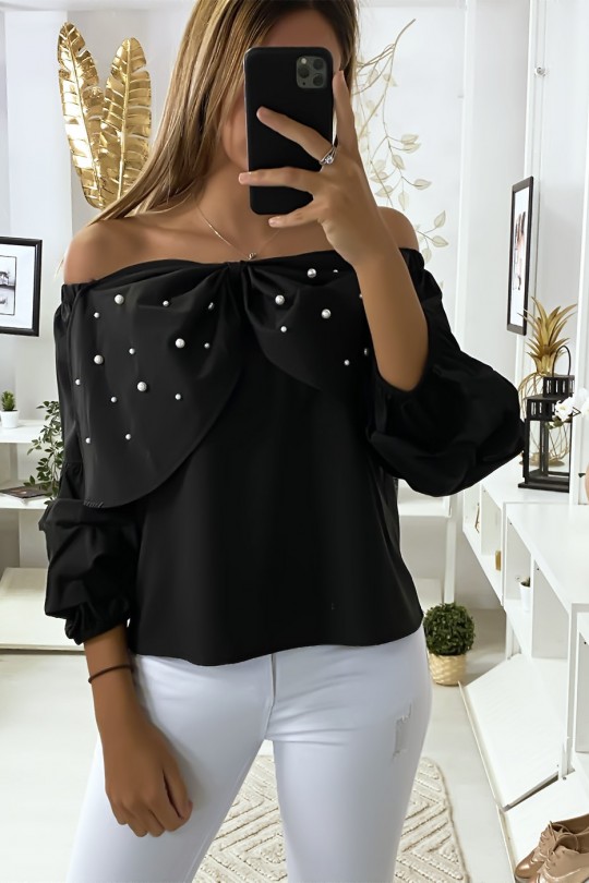 Black blouse with butterflies decorated with rhinestones on the front - 3