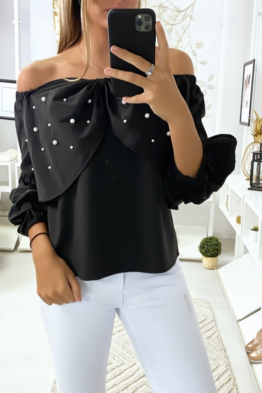 Black blouse with butterflies decorated with rhinestones on the front - 1