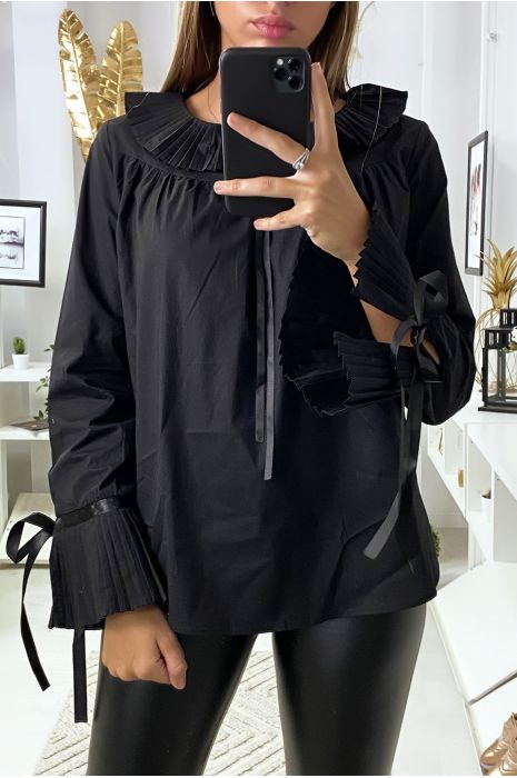 Black blouse with pleated collar and sleeves - 1