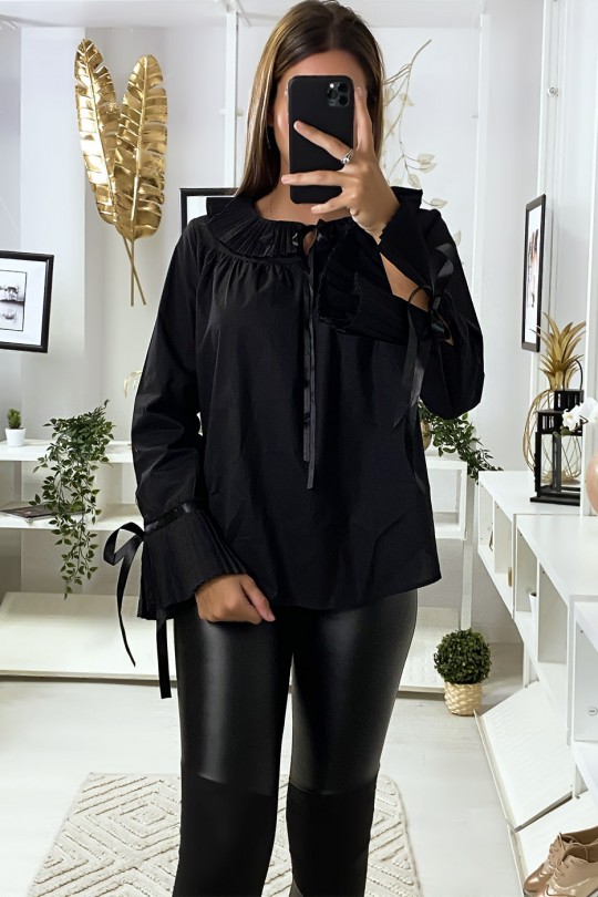 Zwarte blouse met geplooide kraag en mouwen - 3