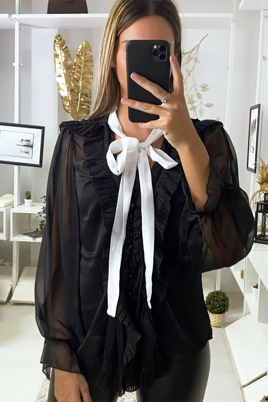 Blouse en voile noir avec plissé et ruban - 2