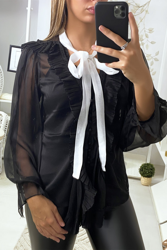 Zwarte voile blouse met plooien en lint - 3 Zwarte voile blouse met plooien en lint - 3