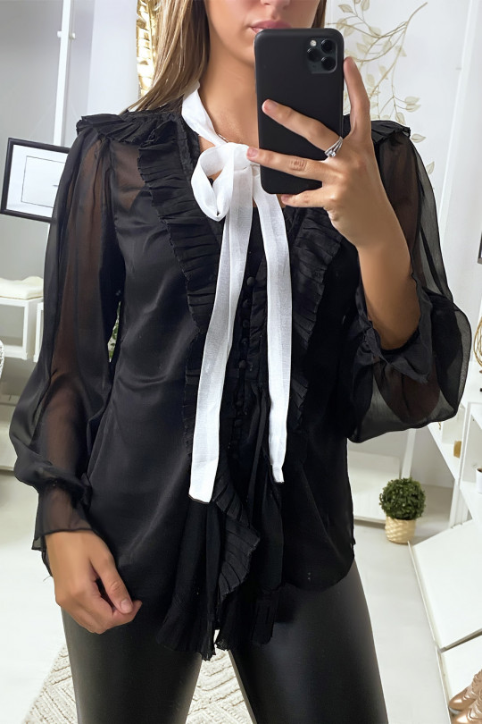 Blouse en voile noir avec plissé et ruban - 1