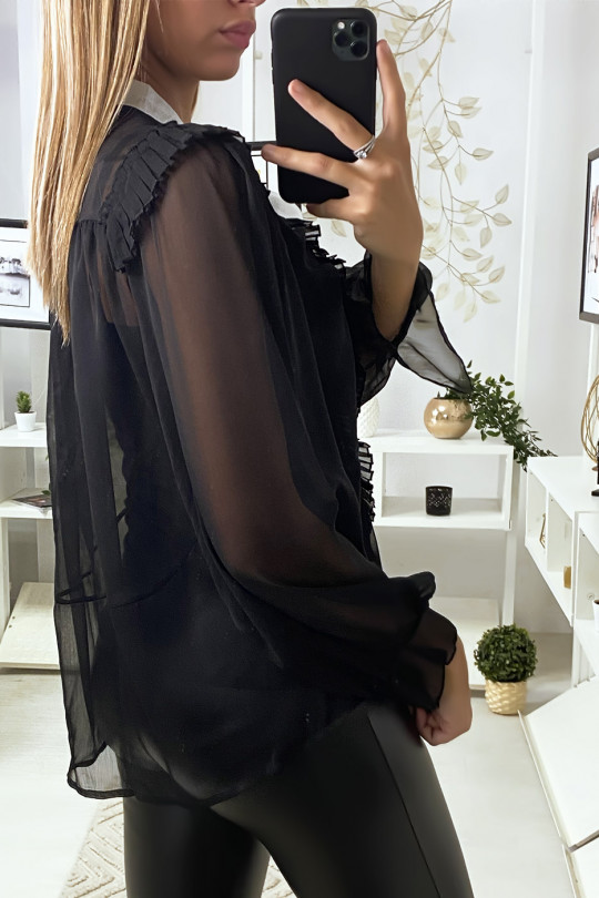 Blouse en voile noir avec plissé et ruban - 4