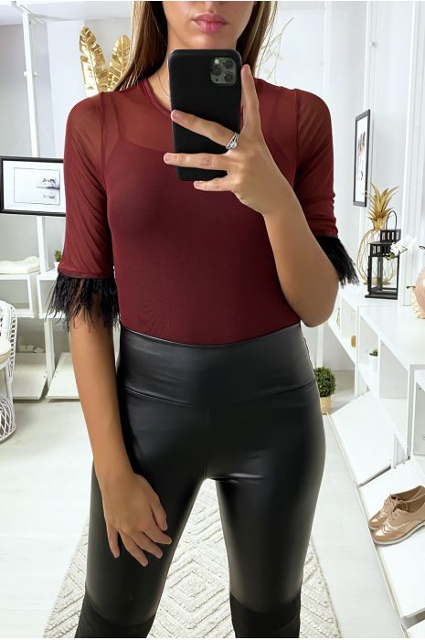 Burgundy tulle body with feathers on the sleeves - 1