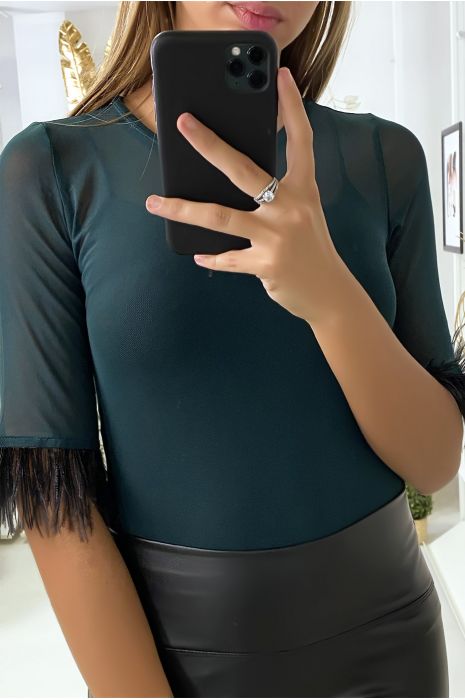 Green tulle body with feathers on the sleeves - 4