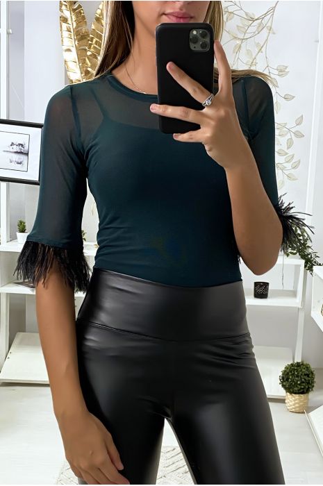 Groene tule body met veren op de mouwen - 2