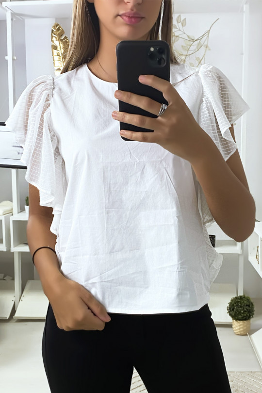 Witte blouse met tule volantmouwen - 1