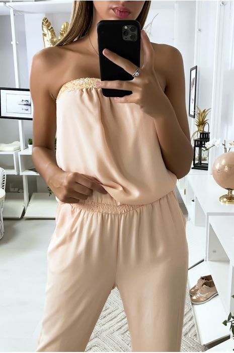 Combinaison bustier en rose avec dentelle au buste et poches - 3