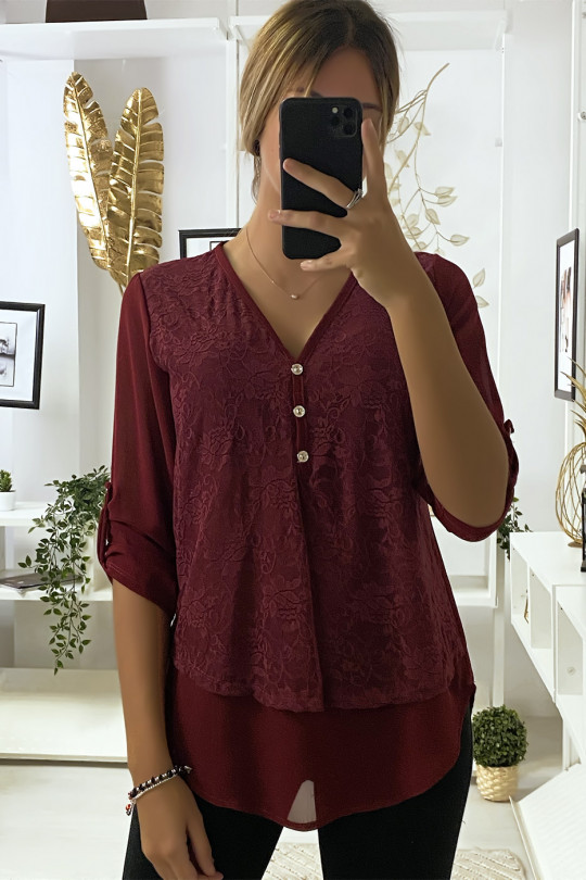 Burgundy blouse with lace at the front and 3 buttons - 4