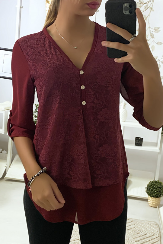 Burgundy blouse with lace at the front and 3 buttons - 3