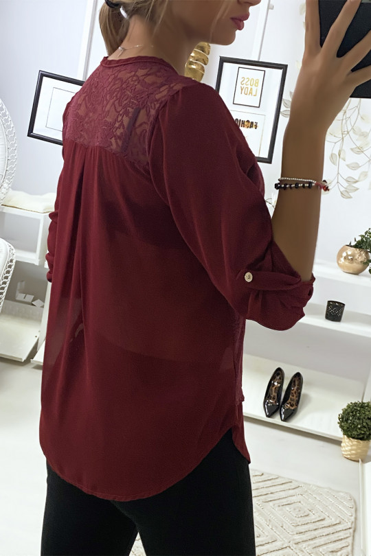 Burgundy blouse with lace at the front and 3 buttons - 5