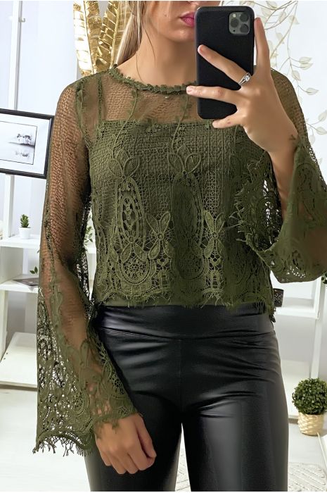 Haut kaki en dentelle 2 en 1 avec débardeur - 2