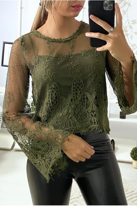 Haut kaki en dentelle 2 en 1 avec débardeur - 4