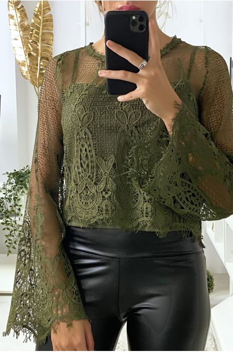 Haut kaki en dentelle 2 en 1 avec débardeur - 1