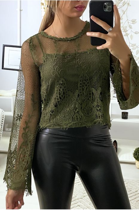 Haut kaki en dentelle 2 en 1 avec débardeur - 5