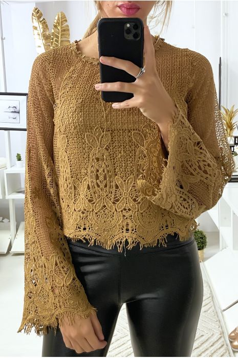 Haut camel en dentelle 2 en 1 avec débardeur - 4