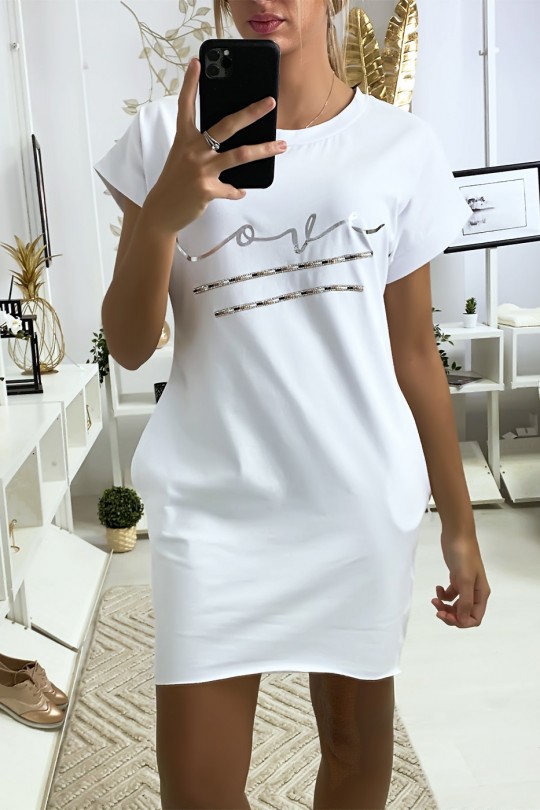 White tunic dress with silver love writing and rhinestones - 1