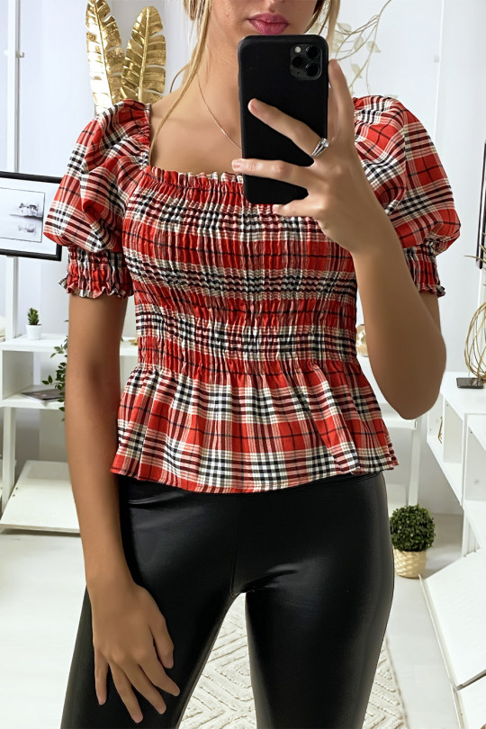 Red Plaid Ruched Front Crop Top - 2