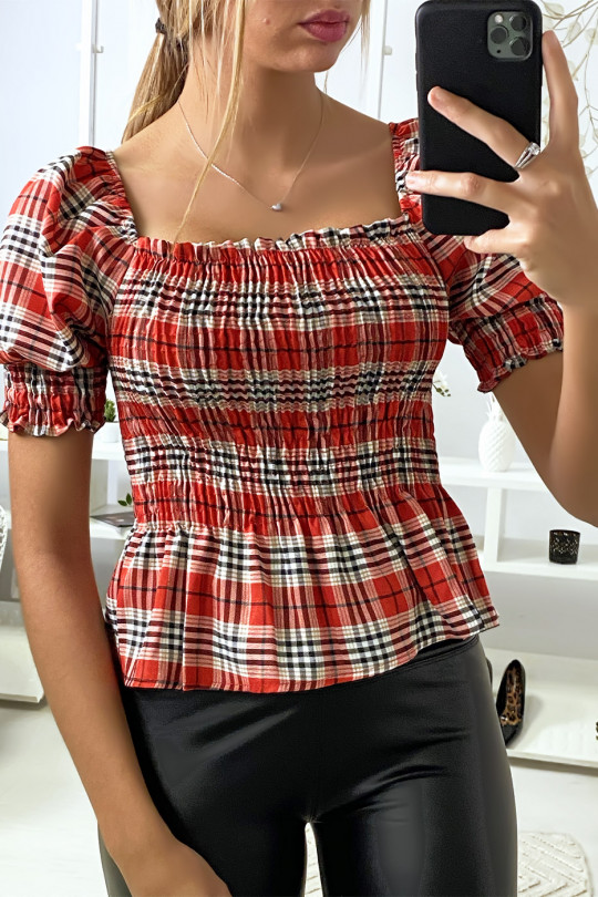 Red Plaid Ruched Front Crop Top - 4