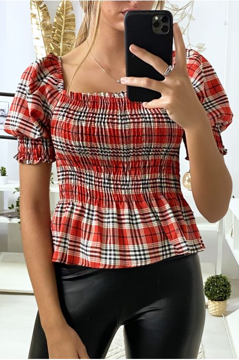 Red Plaid Ruched Front Crop Top - 3
