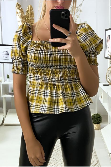 Crop top moutarde à carreaux froncé à l'avant - 3