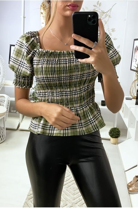 Kaki geruite crop top met ruches aan de voorkant - 1