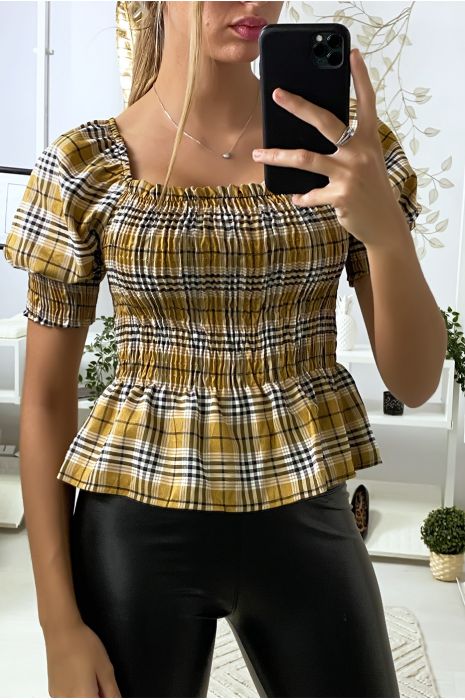 Crop top camel à carreaux froncé à l'avant - 1