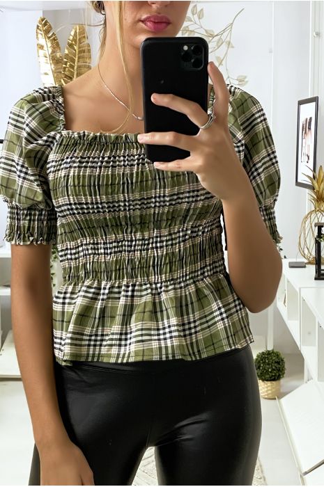 Kaki geruite crop top met ruches aan de voorkant - 2