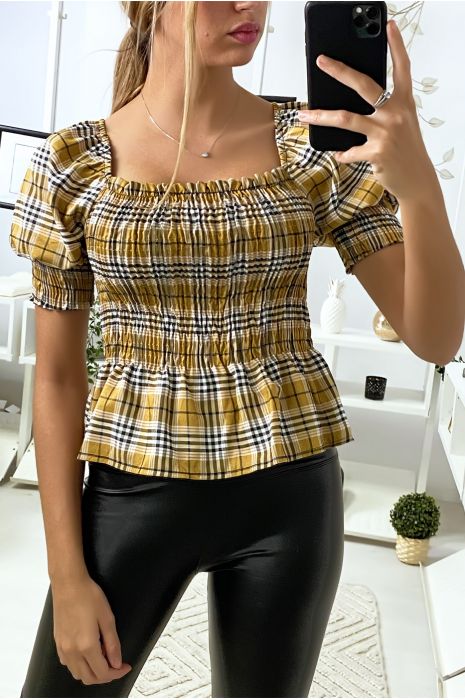 Crop top camel à carreaux froncé à l'avant - 3