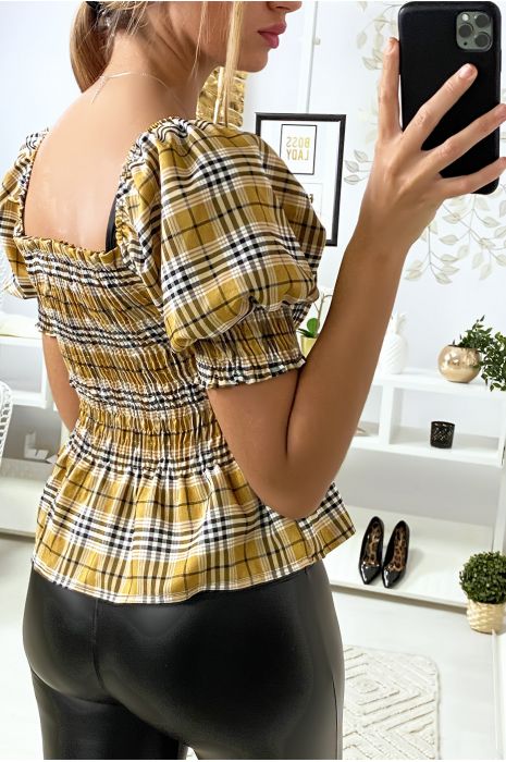 Crop top camel à carreaux froncé à l'avant - 5
