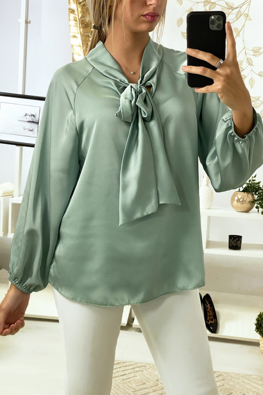 Satin water green blouse with bow at the collar - 2