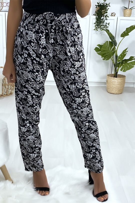 Pantalon en coton à motif noir et blanc avec poche et ceinture - 3
