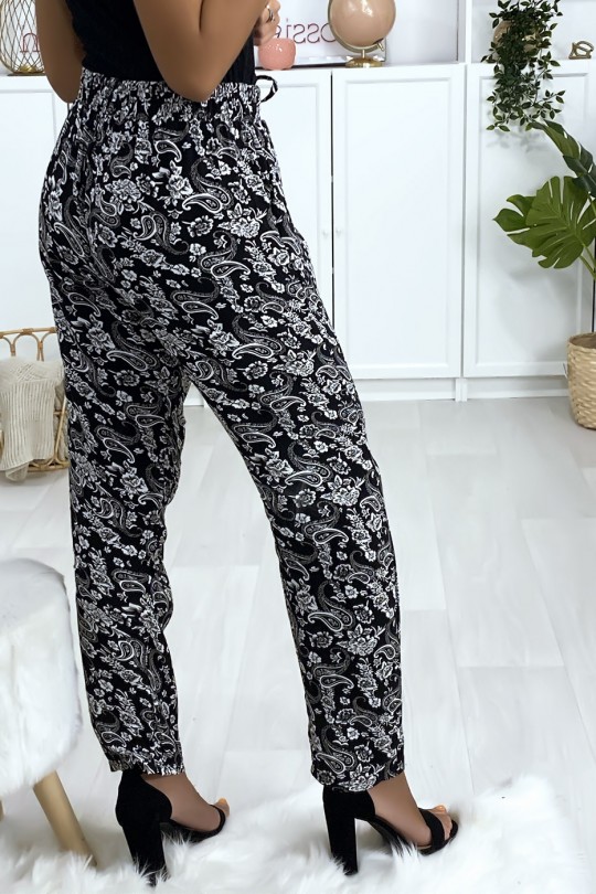 Pantalon en coton à motif noir et blanc avec poche et ceinture - 4