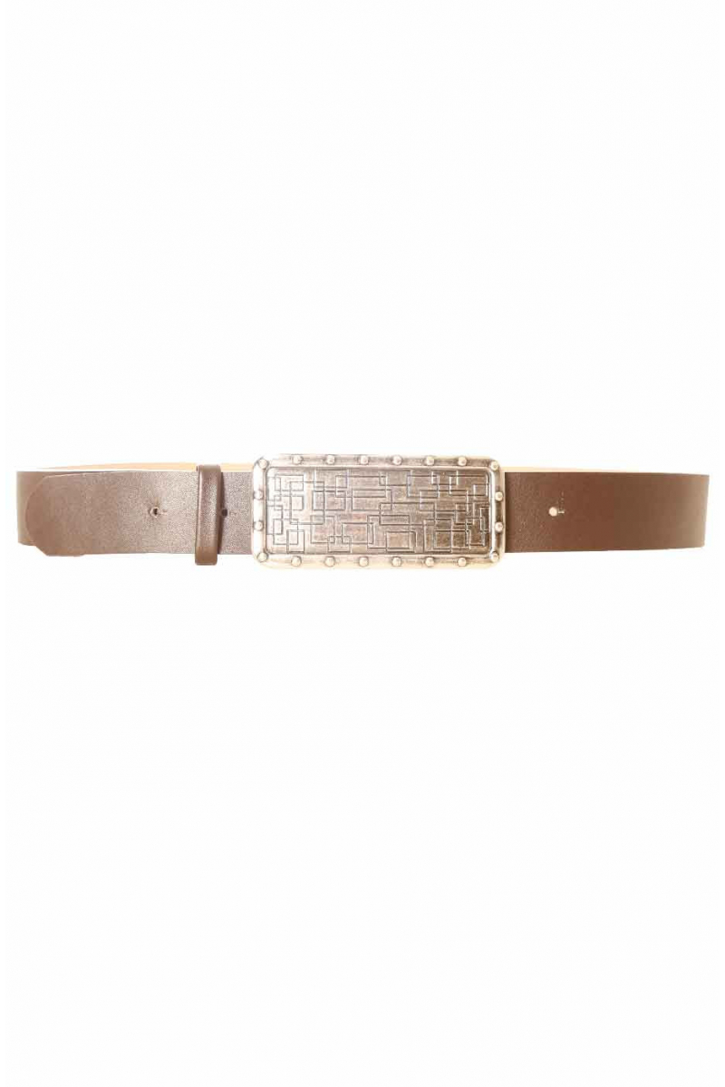 Brown belt with large graphic rectangle buckle CE 573 - 4