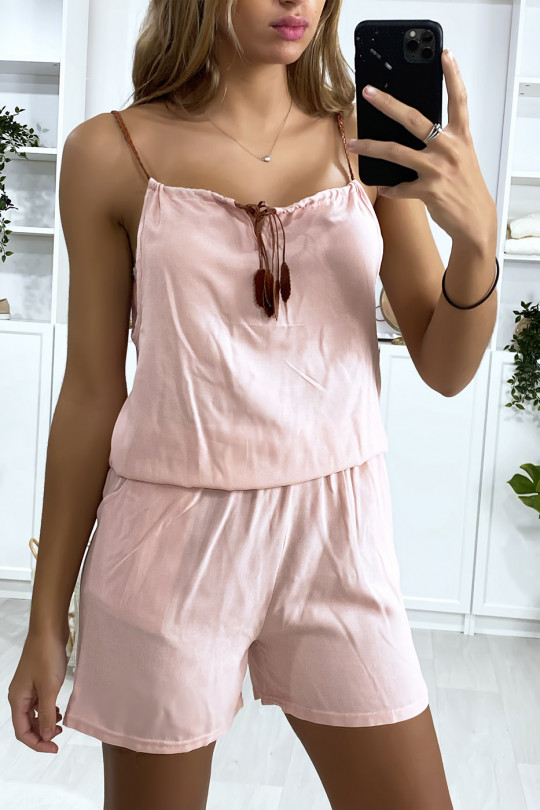 Pink cotton playsuit with lace at the shoulder strap and bow at the collar - 4