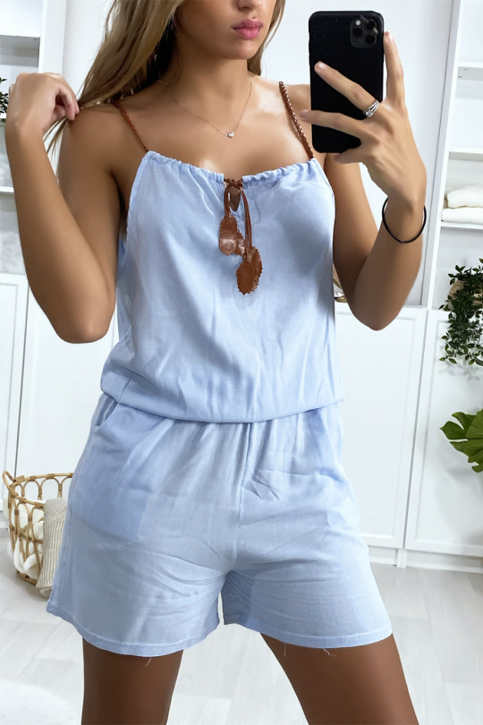 Blue cotton playsuit with lace at the shoulder strap and bow at the collar - 4