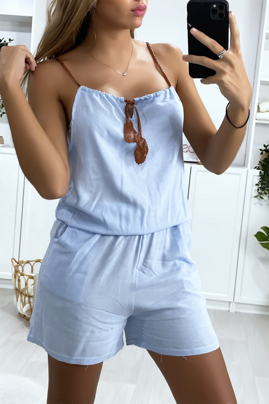 Blue cotton playsuit with lace at the shoulder strap and bow at the collar - 5